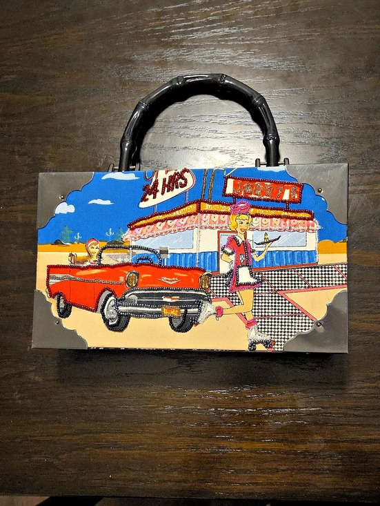 Handbags - Illustrated Gingham Wooden Handle Bag
